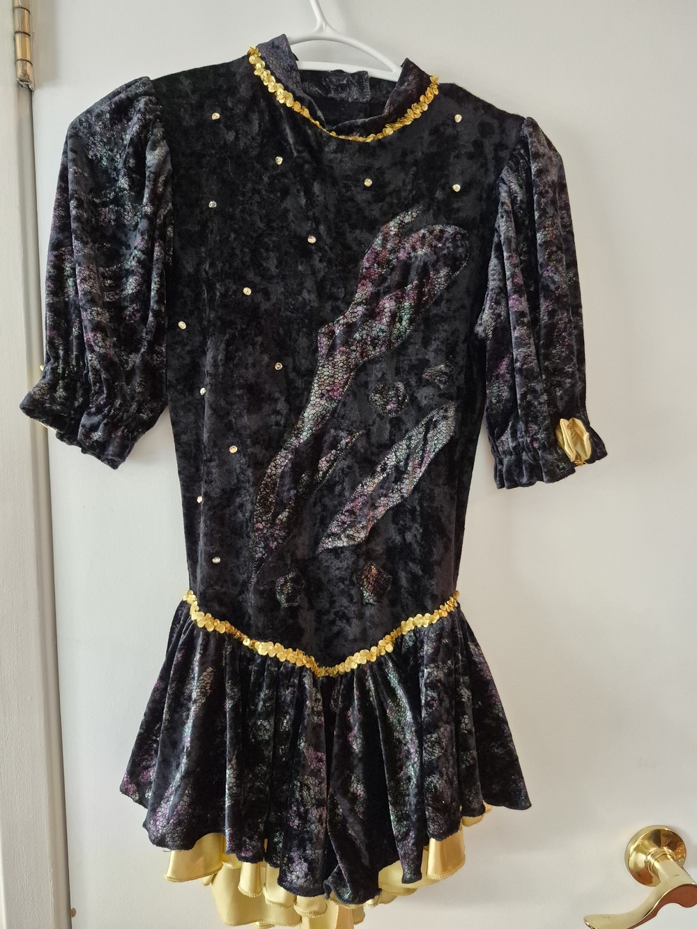 Velvet Figure skating ress with Gold Trim - Black Custom Made Adult Small
